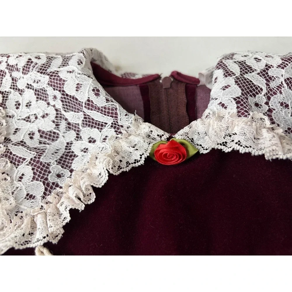 Vintage Girls Burgundy Velvet Lace Collar Dress Size 8 Red Rose Holiday USA Made